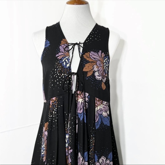 Free People Lovely Day Printed Tie Tunic Dress Black Combo Plunging - Picture 10 of 14